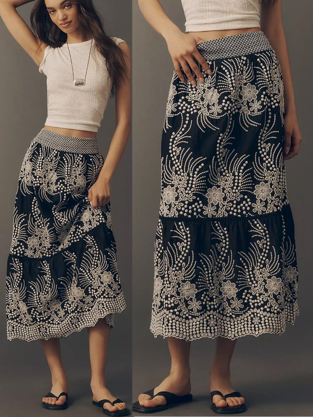 By Anthropologie 100% Cotton Tiered Midi Skirt M Embroidered Black White $148
